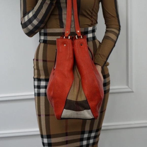 AUTHENTIC MAIDSTONE TOTE LEATHER AND HOUSE CHECK CANVAS RED BURBERRY - Picture 12 of 16